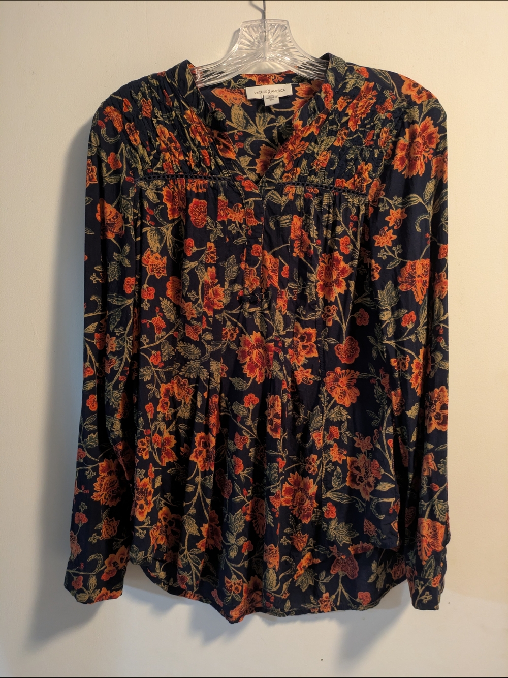 Vintage America Navy Blouse with Orange Floral Print